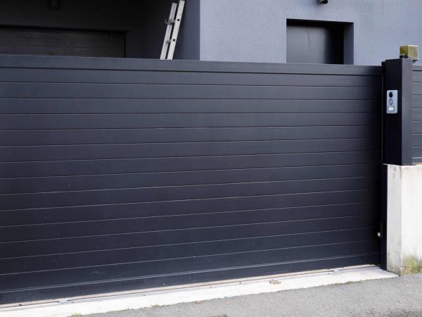 modern dark grey high gate aluminum portal outdoor door gray black front of suburb house